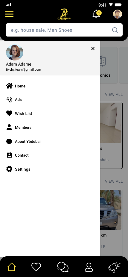 Classifieds Mobile App Menu