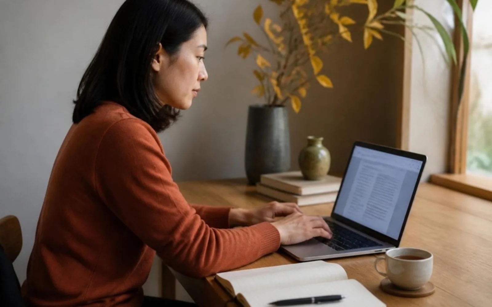 Woman writing on a laptop at a wooden desk with a notebook and tea