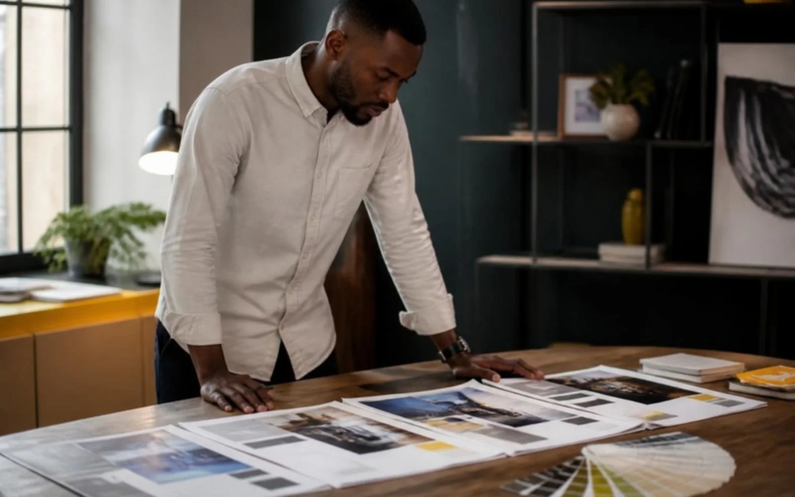A designer reviewing printed company profile brochure spreads on a studio table