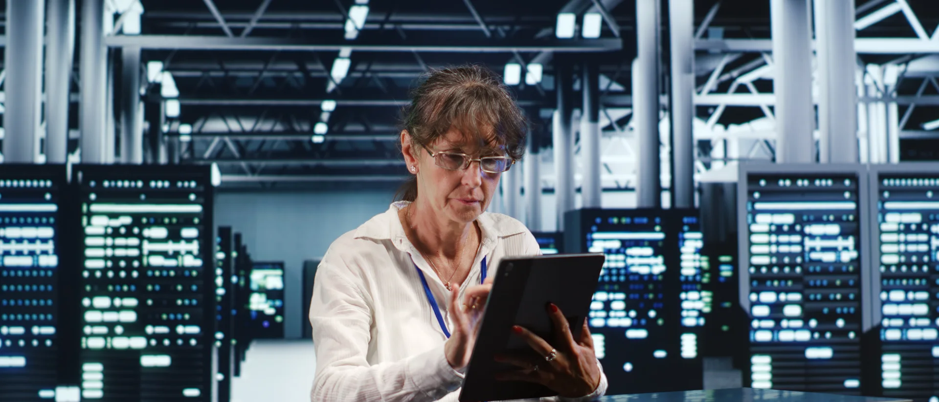 Woman in glasses using a tablet between rows of server racks